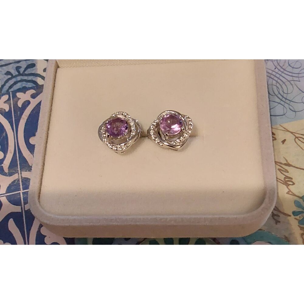 AFFINITY GEMS Genuine Amethyst & White Topaz Swirl Stud Earrings~.925 Sterling